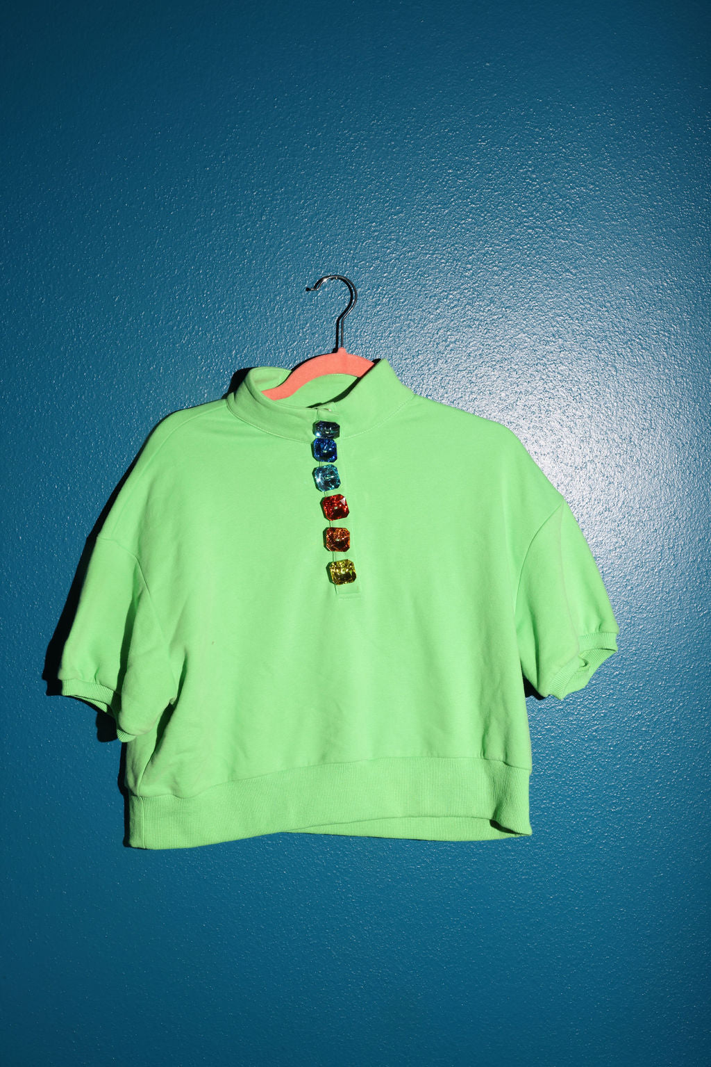 SAMPLE GREEN SQUARE RAINBOW BUTTON HENLEY TOP