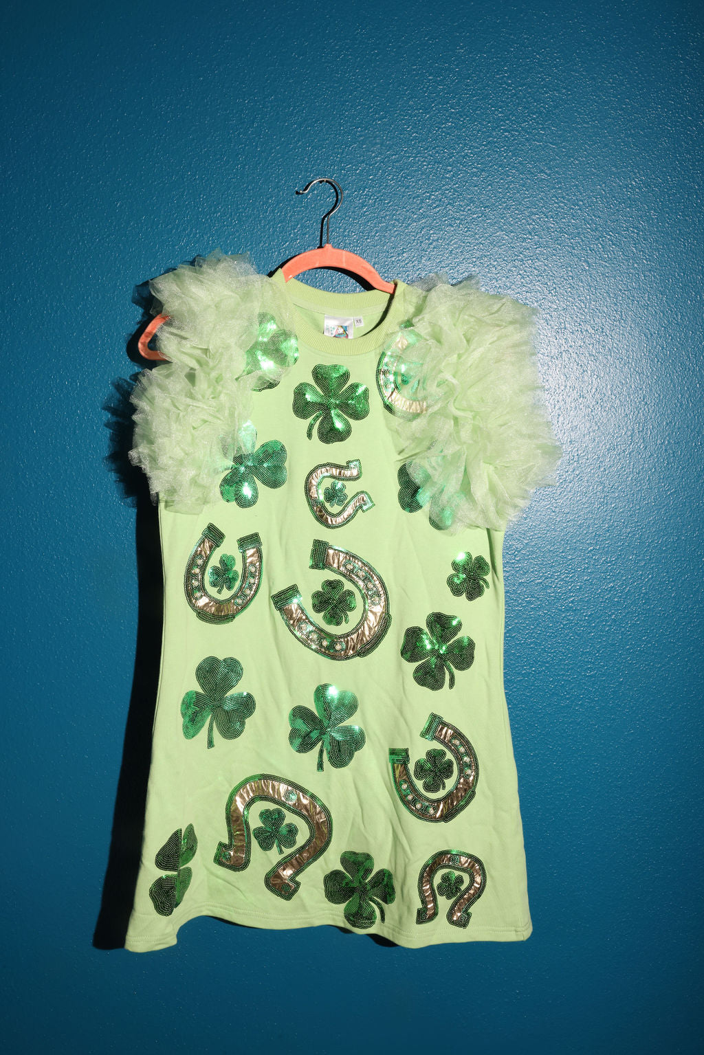 SAMPLE GREEN HORESHOE AND CLOVER TULLE SLEEVE DRESS