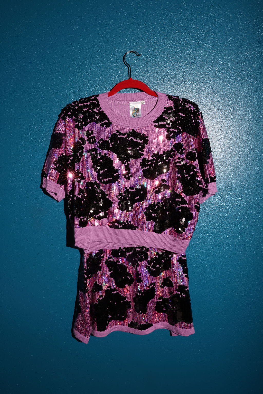 SAMPLE MAGENTA & BLACK SEQUIN COW PRINT TOP/SKIRT SET