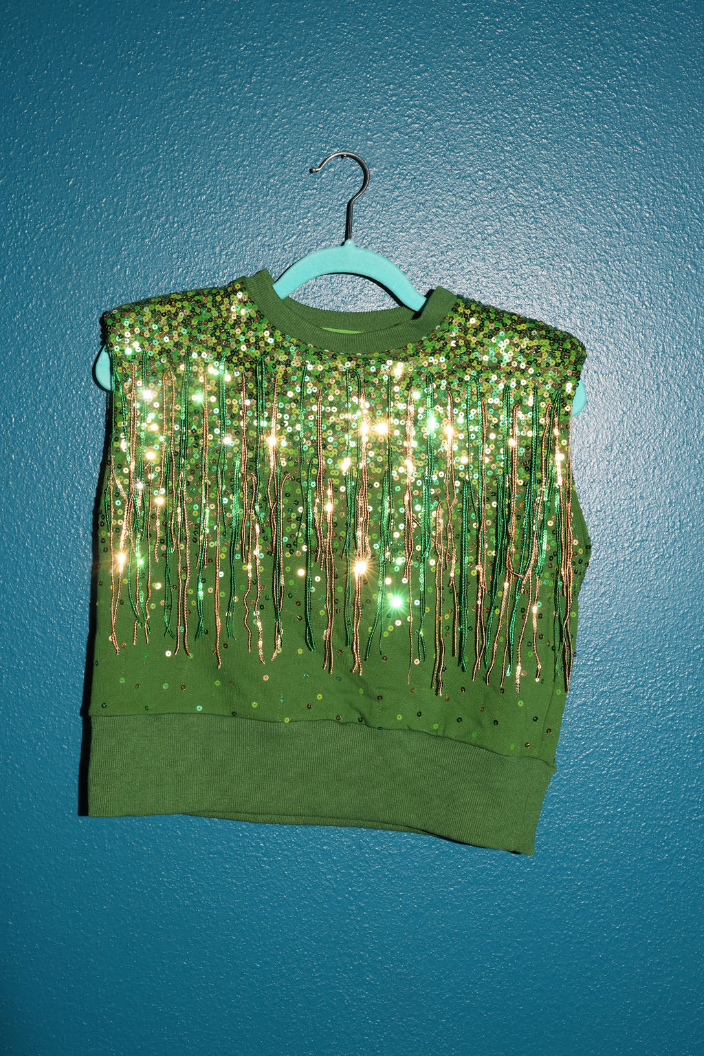 Sample Sequin Fringe Shoulder Pad Tank