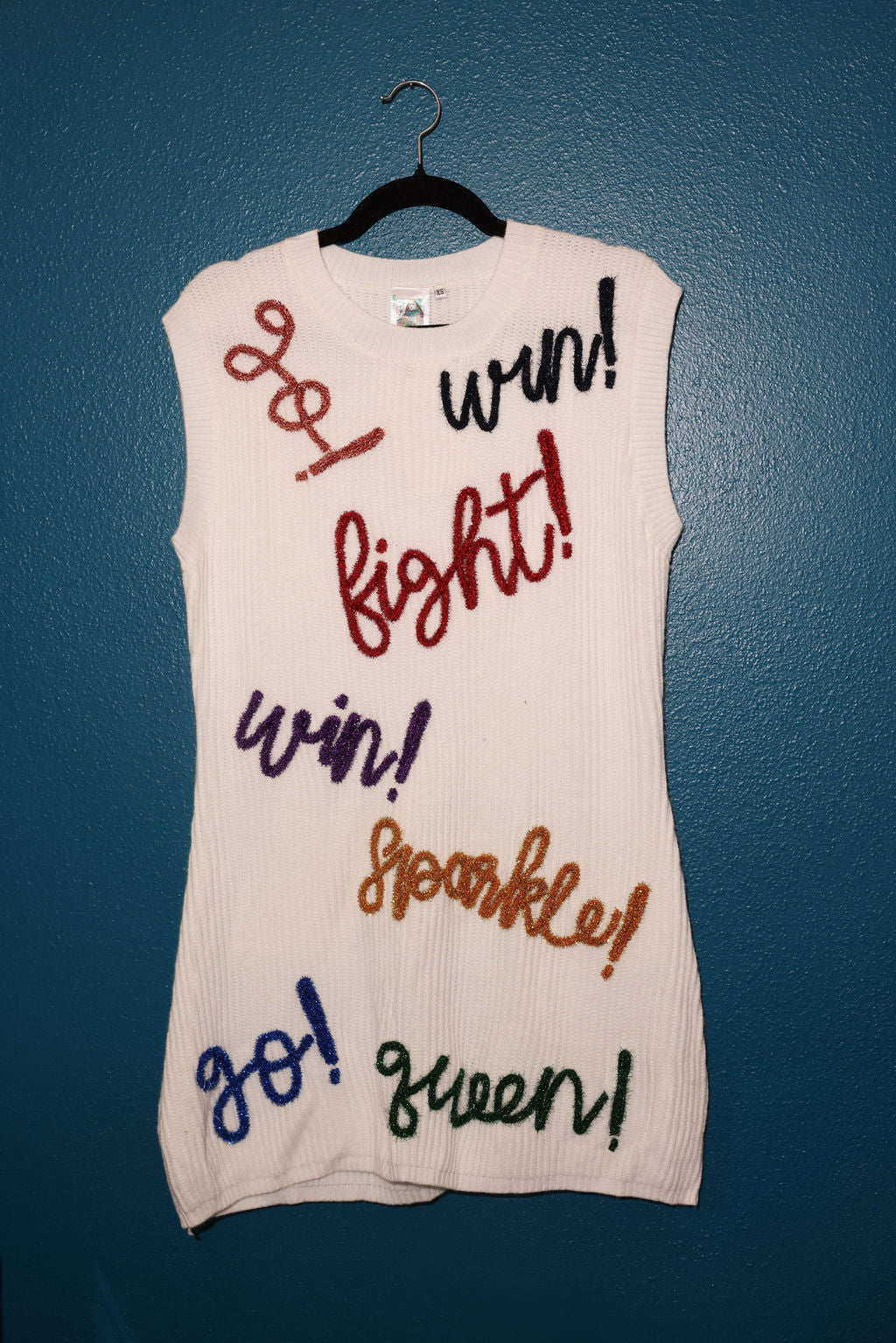 SAMPLE- WHITE & RAINBOW GO FIGHT WIN SWEATER TANK DRESS