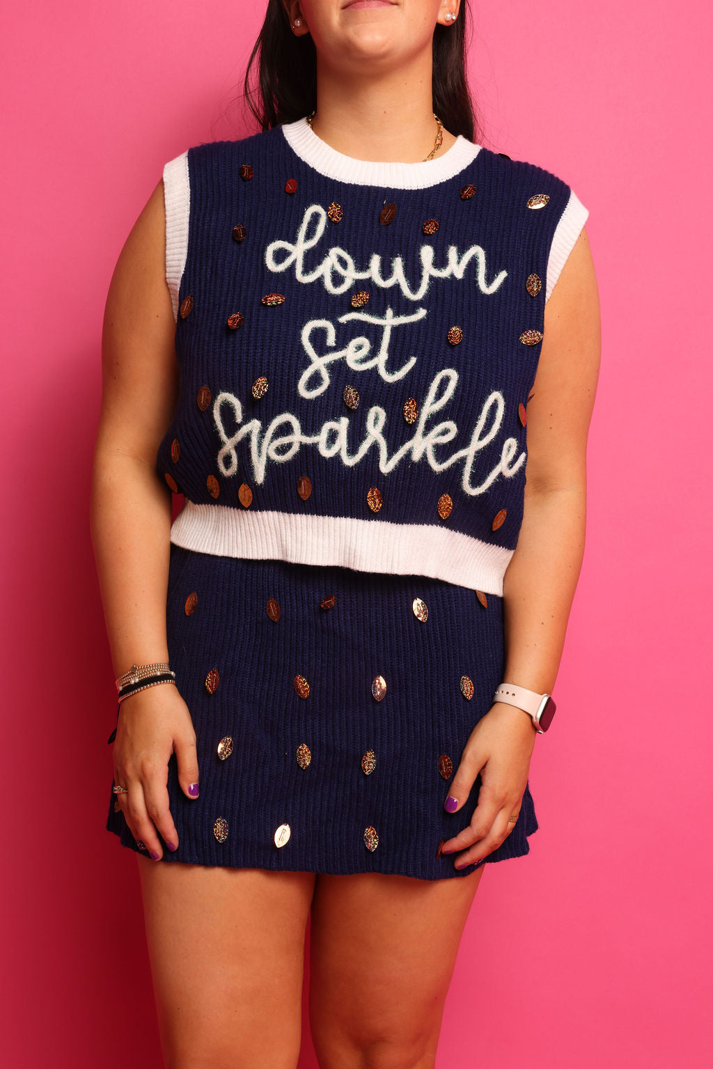 SAMPLE- Navy & White Down Set Sparkles Football Pailette Tank/Skirt Set