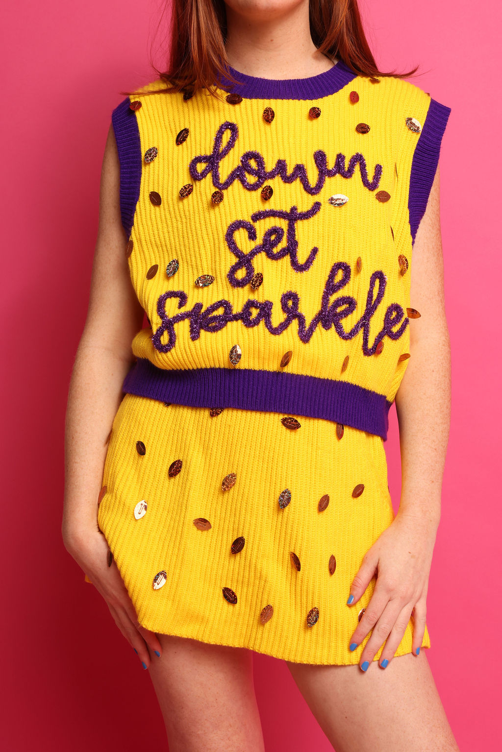 SAMPLE- Yellow & Purple Down Set Sparkles Football Pailette Tank/Skirt Set