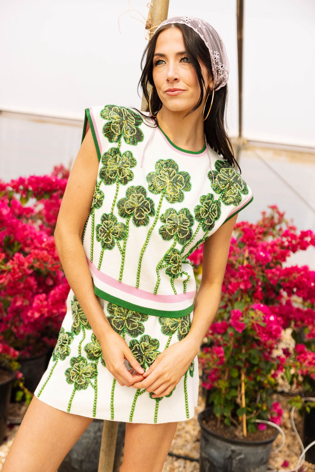 White, Green & Pink Stripe Trim Beaded Shamrock Top