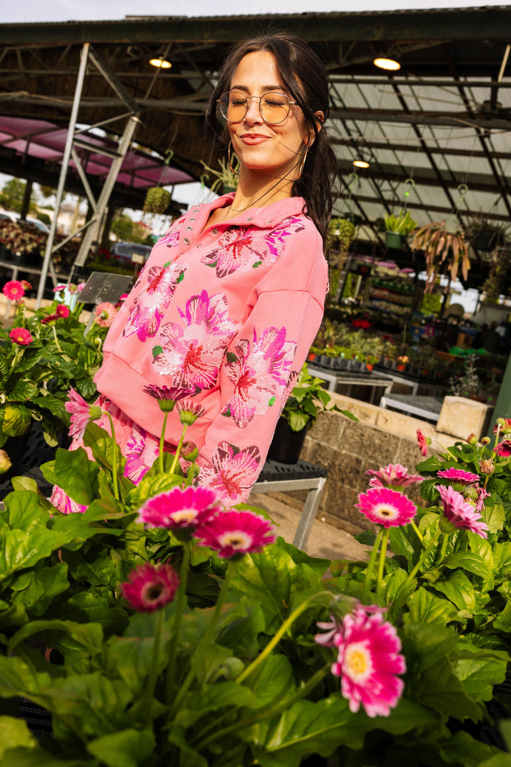 Hot Pink Azalea Henley Sweatshirt