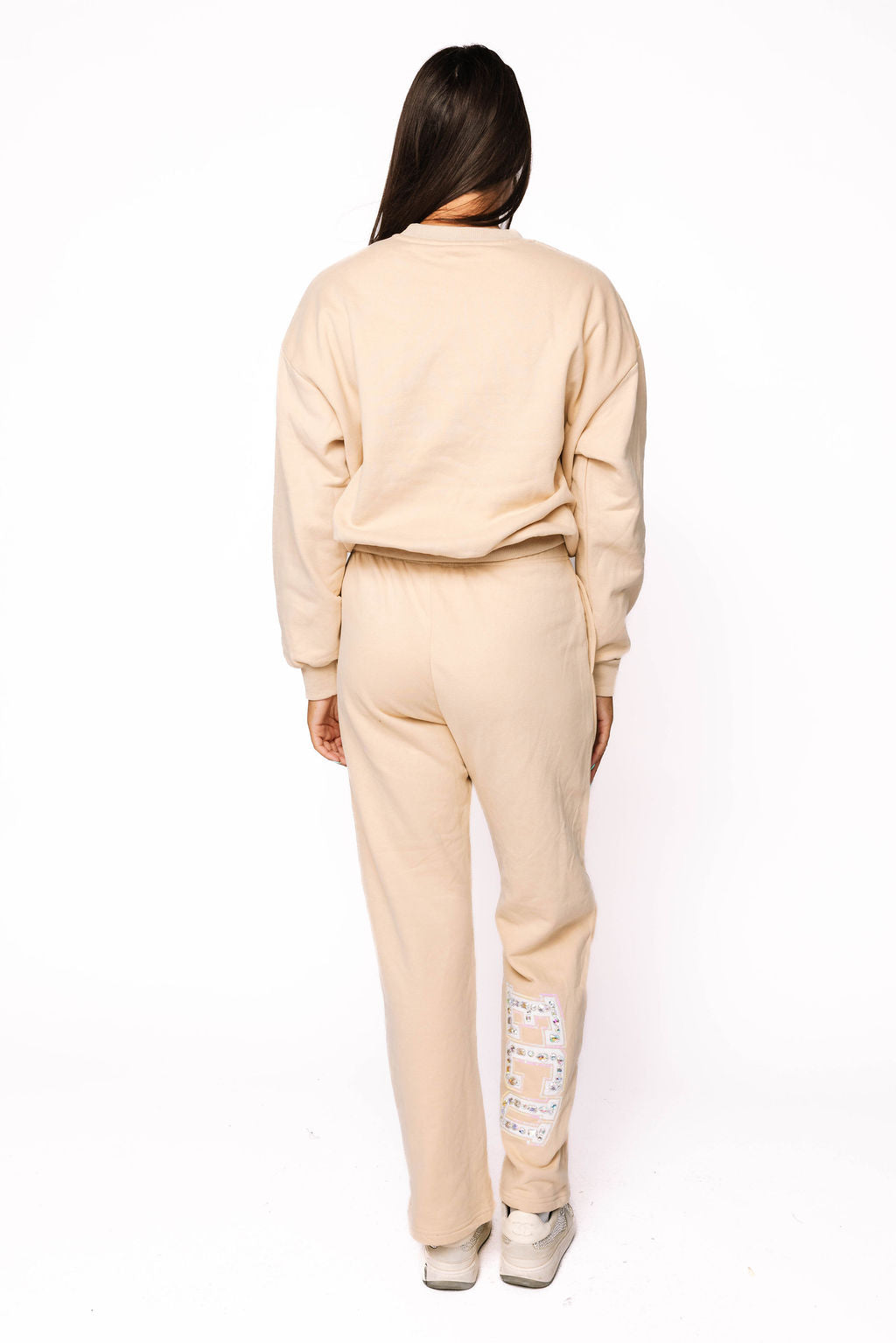 Licensed Sample - ECU Tan W/White Jewel Letter Sweatshirt and Sweatpants SET