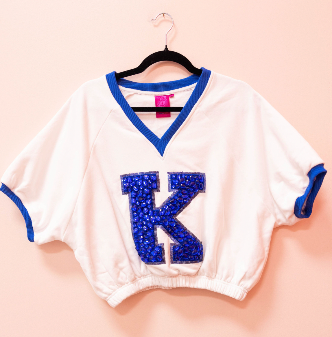 SAMPLE- WHITE & ROYAL JEWEL 'K' BUBBLE V NECK TOP