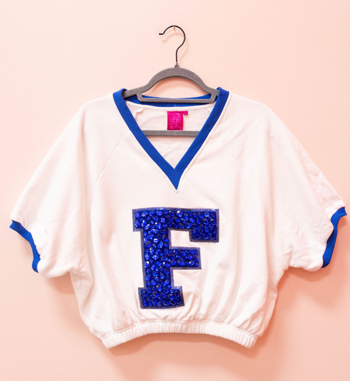 SAMPLE- WHITE & ROYAL JEWEL 'F' BUBBLE V NECK TOP