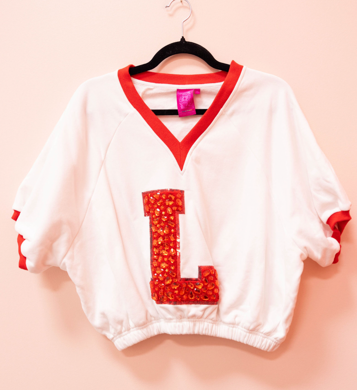 SAMPLE- WHITE & RED JEWEL 'L' BUBBLE V NECK TOP