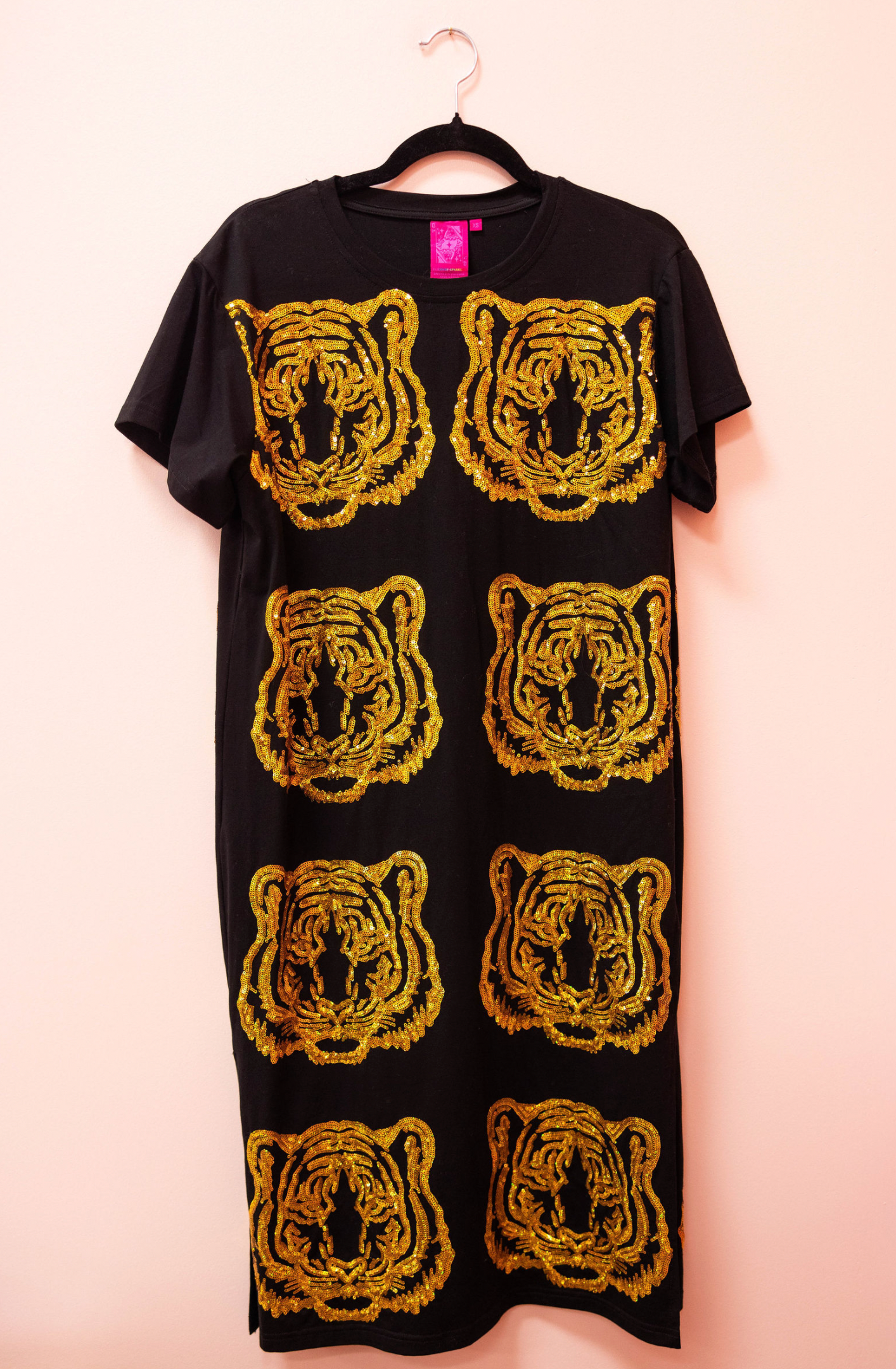 SAMPLE- BLACK & GOLD SEQUIN TIGER FACE MIDI TEE DRESS