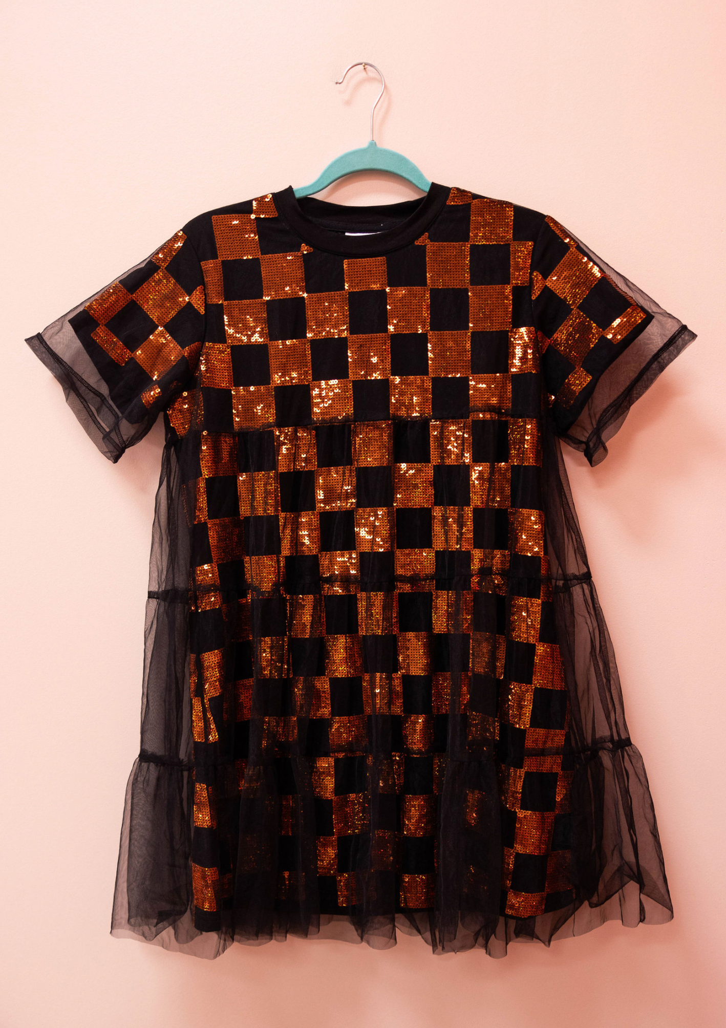 SAMPLE- BLACK/ORANGE MESH OVERLAY CHECKERED TEE DRESS