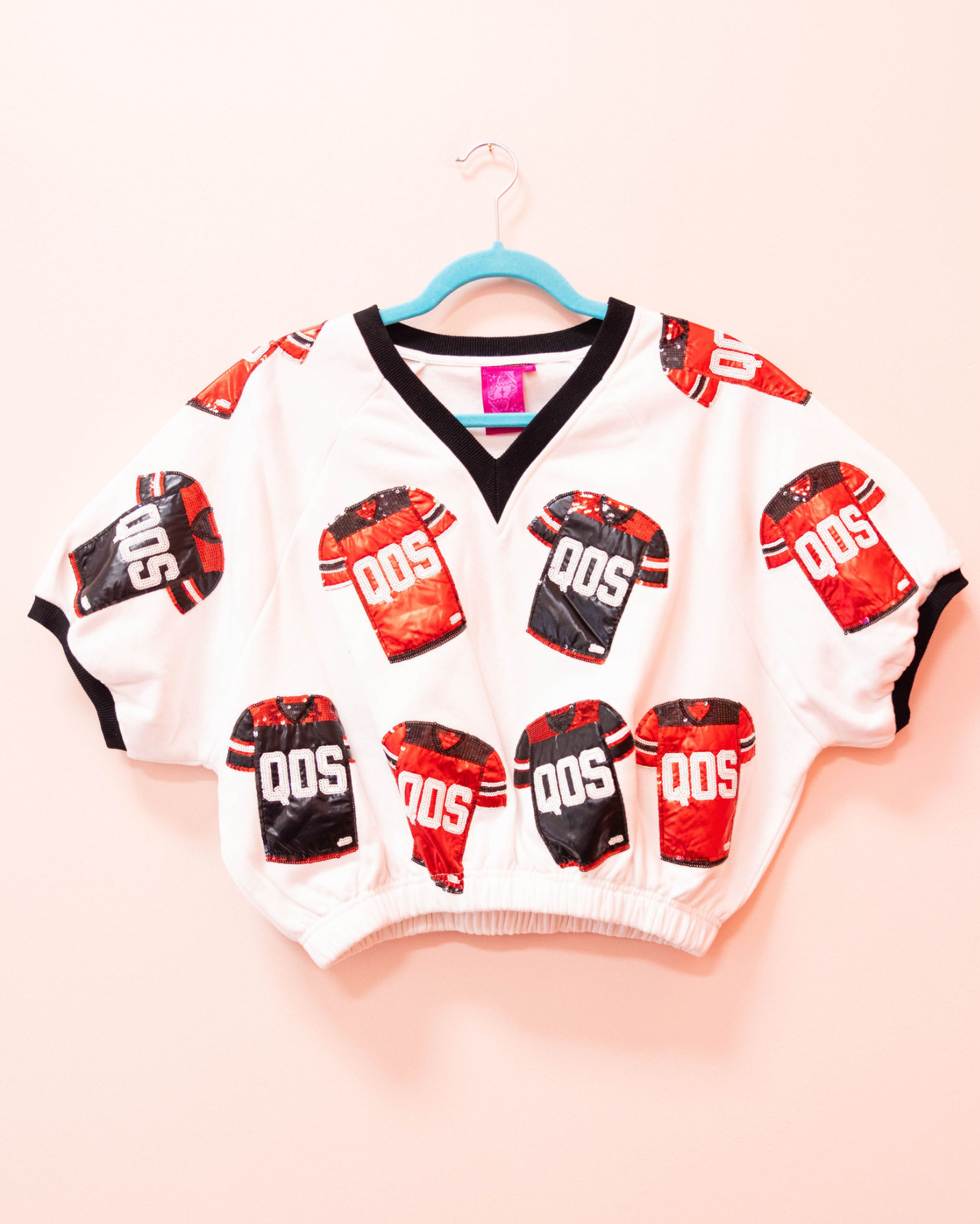 SAMPLE- WHITE, BLACK & RED METALLIC FOOTBALL JERSEY V NECK BUBBLE TOP