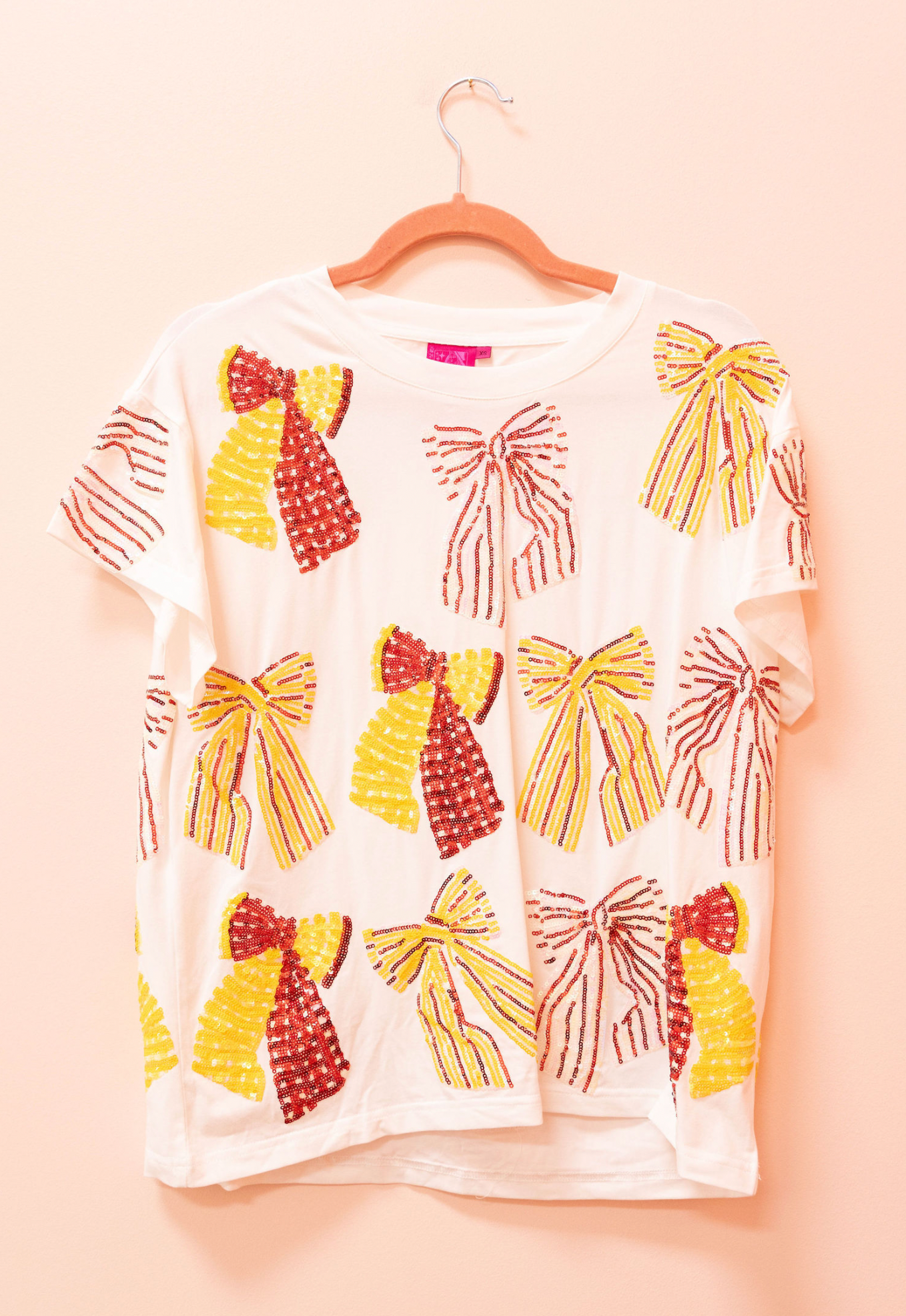 SAMPLE- WHITE, RED & YELLOW STRIPED BOW TEE