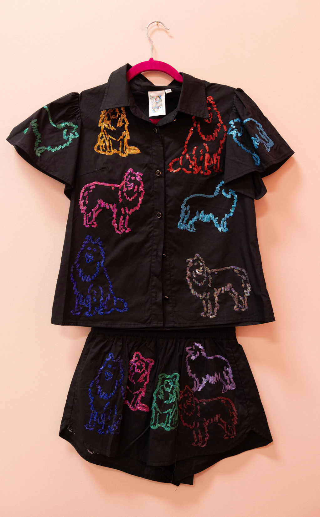 SAMPLE- BLACK & RAINBOW COLLIE DOG COTTON BUTTON DOWN SET