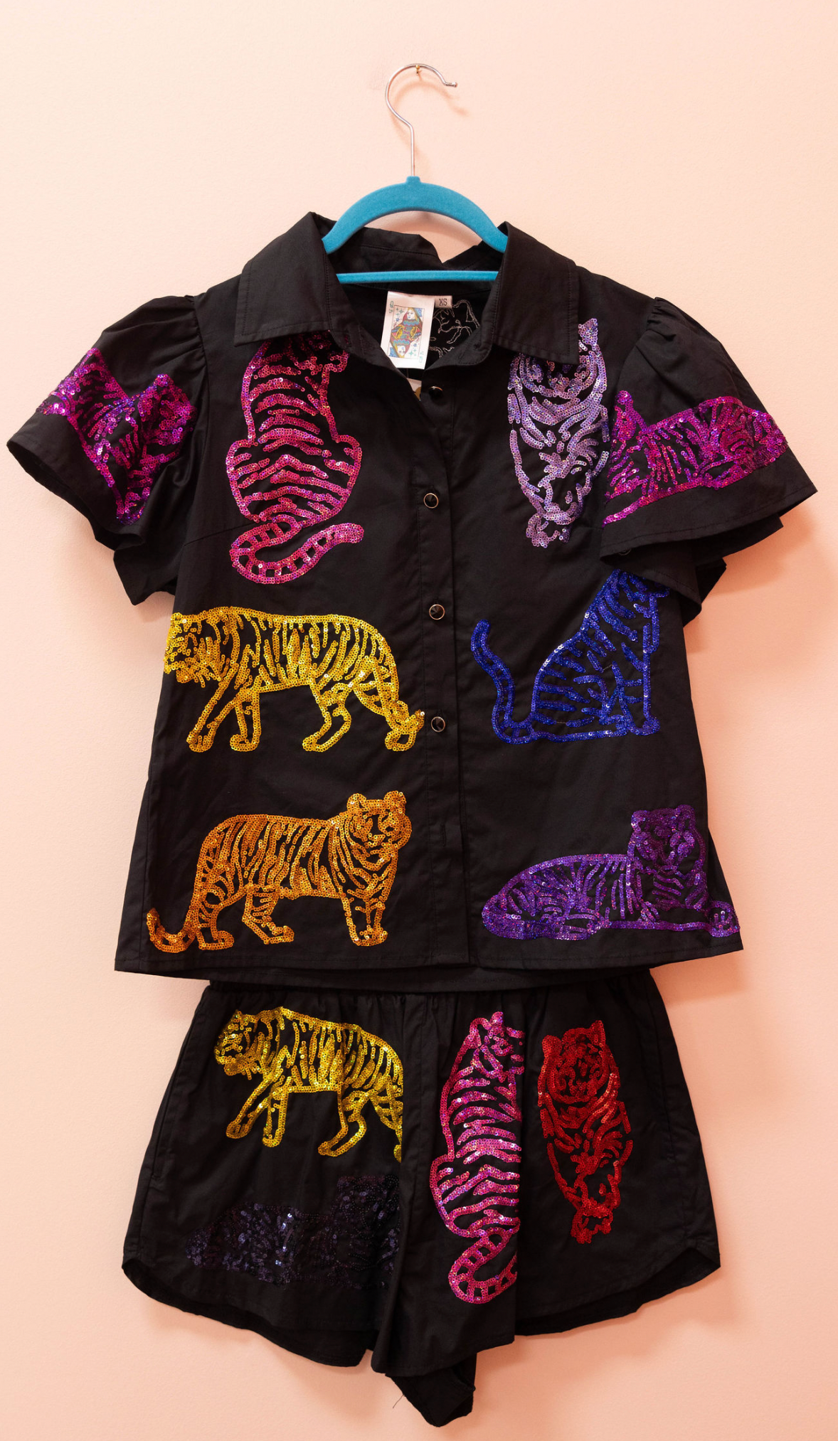 SAMPLE- BLACK & RAINBOW  TIGER COTTON BUTTON DOWN SET