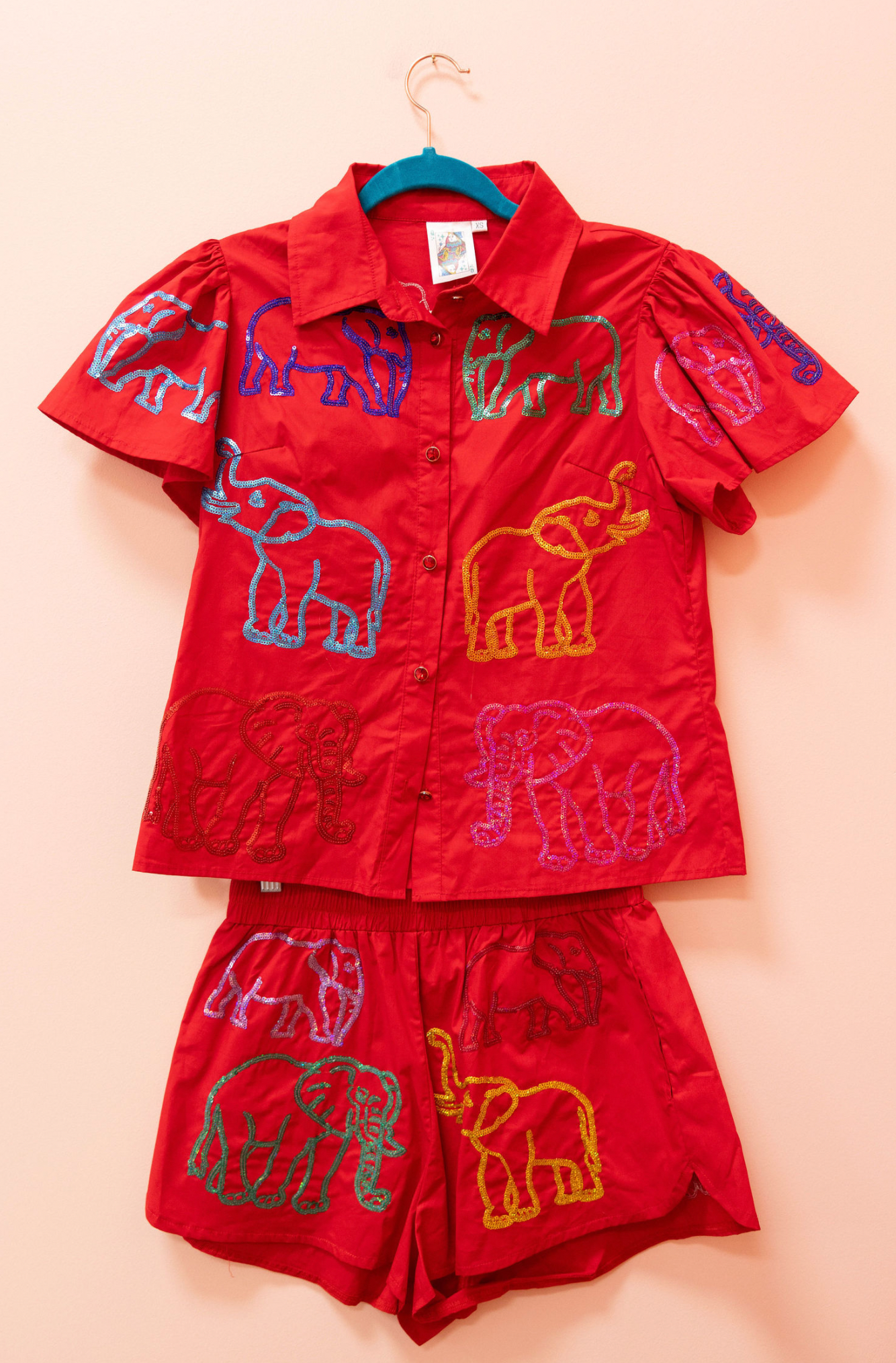 SAMPLE- RED & RAINBOW  ELEPHANT COTTON BUTTON DOWN SET