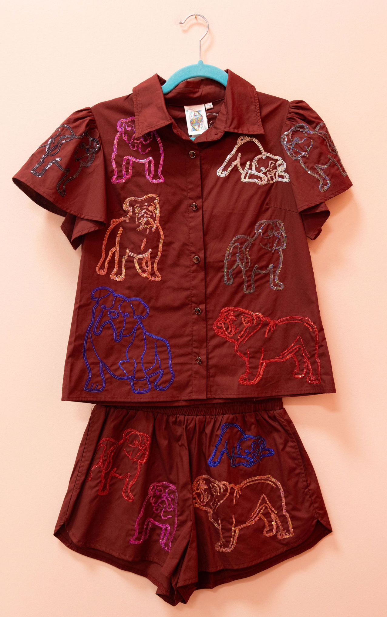 SAMPLE- MAROON & RAINBOW  BULLDOG COTTON BUTTON DOWN SET