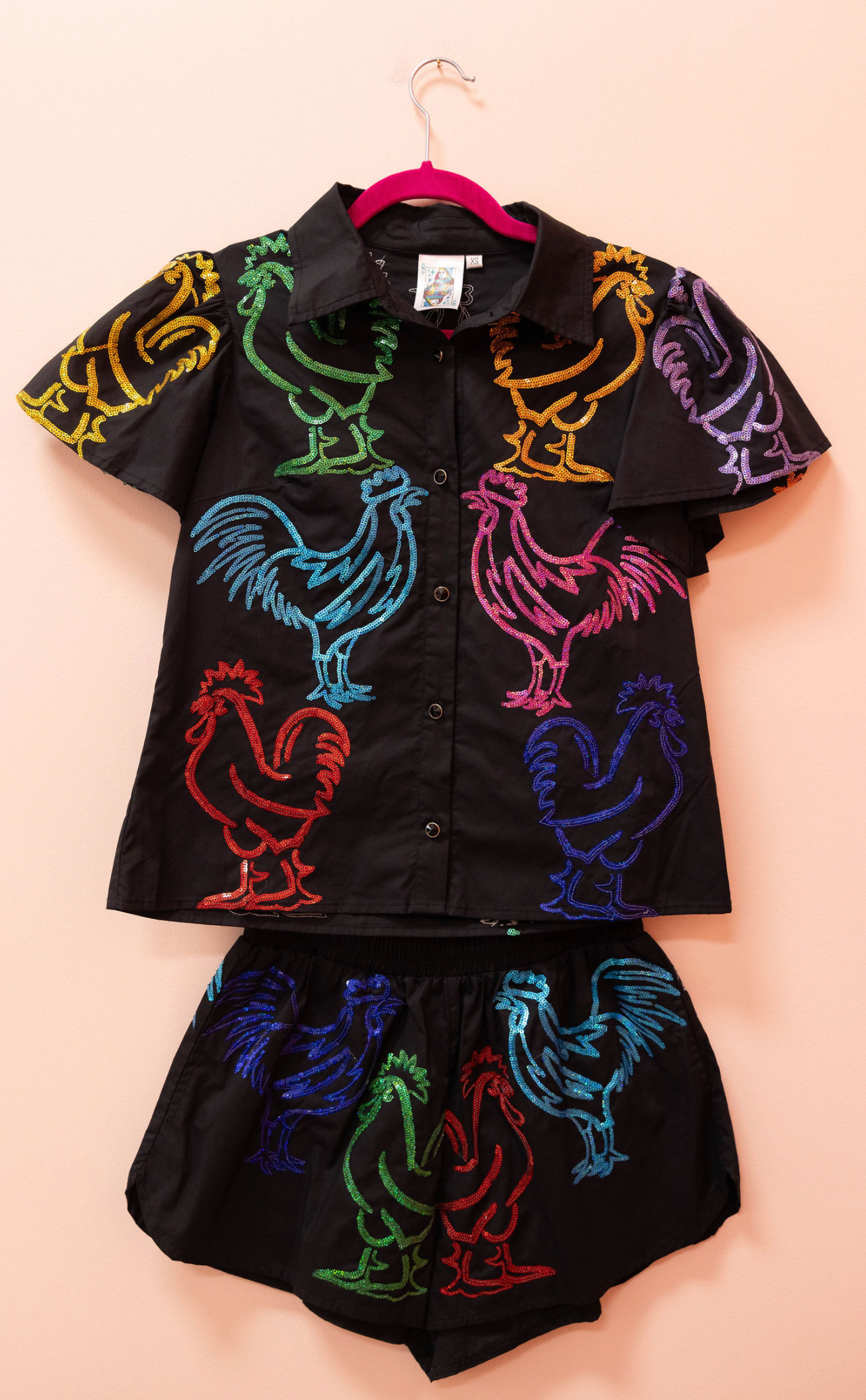 SAMPLE- BLACK & RAINBOW CHICKEN COTTON BUTTON DOWN SET