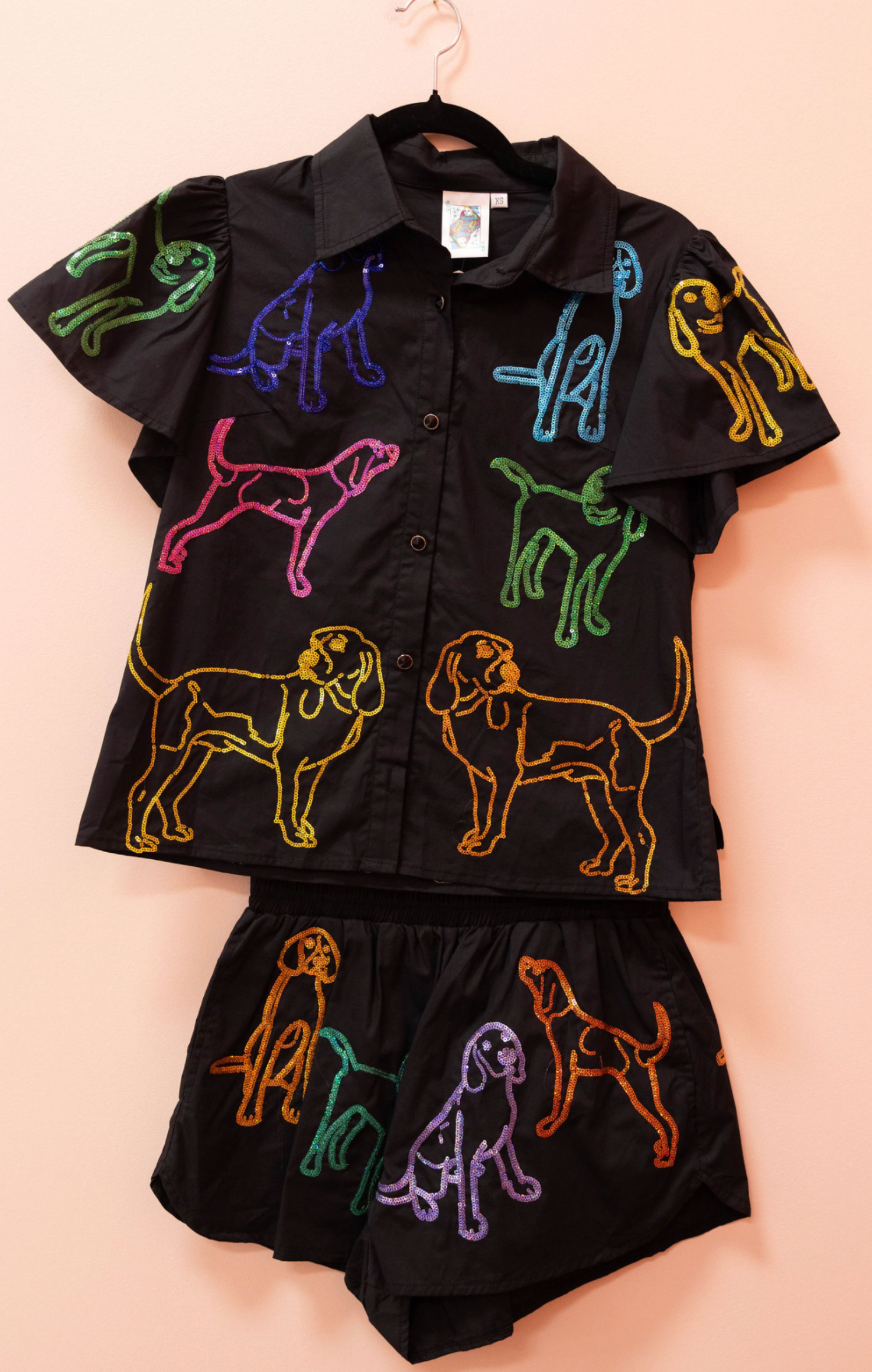 SAMPLE- BLACK & RAINBOW HOUND DOG COTTON BUTTON DOWN SET