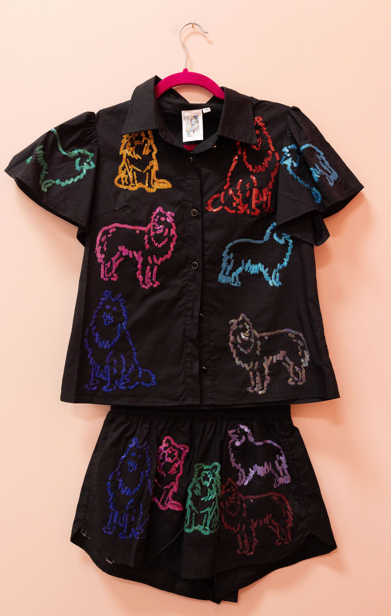 SAMPLE- BLACK & RAINBOW COLLIE DOG COTTON BUTTON DOWN SET