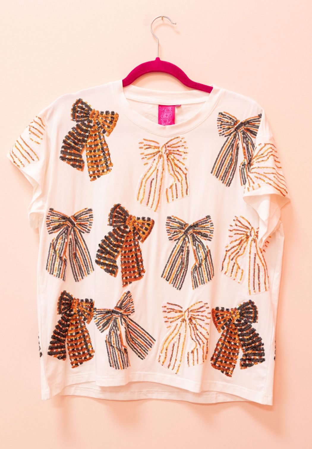 SAMPLE- WHITE, BLACK & ORANGE STRIPED BOW TEE