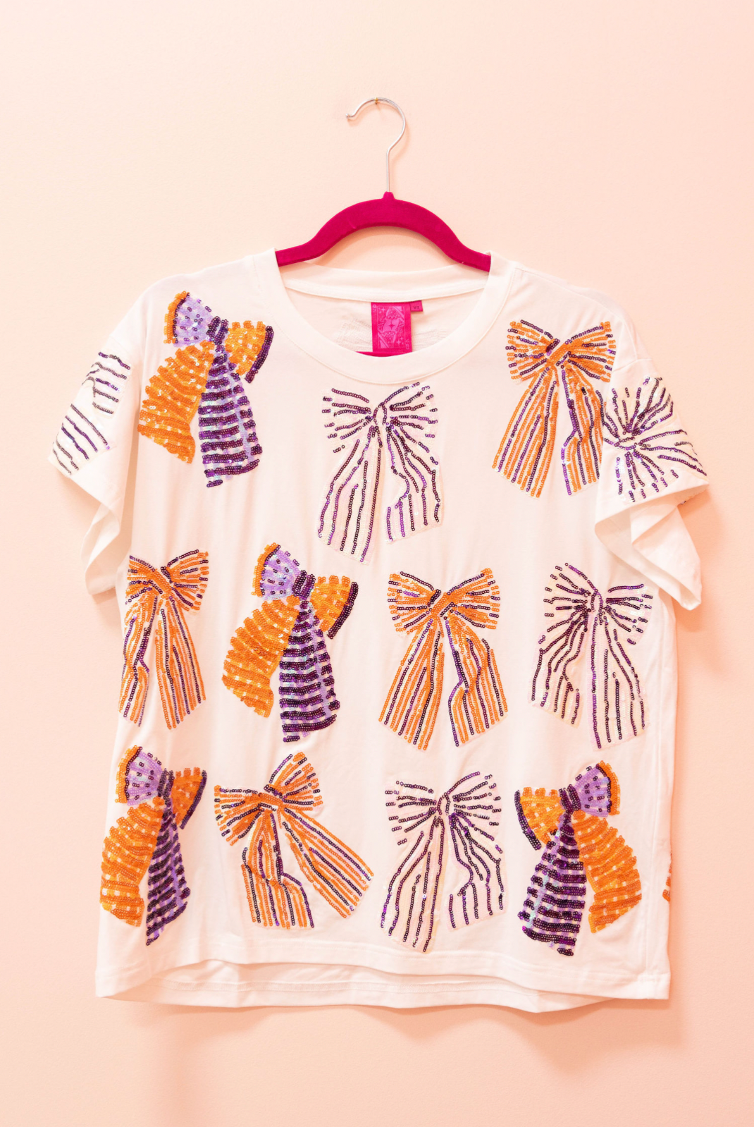 SAMPLE- WHITE, PURPLE & ORANGE STRIPED BOW TEE