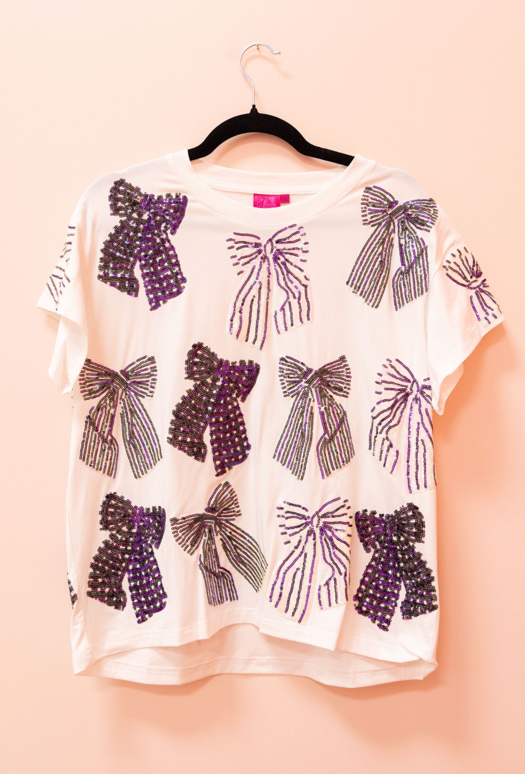 SAMPLE- WHITE, PURPLE & BLACK STRIPED BOW TEE