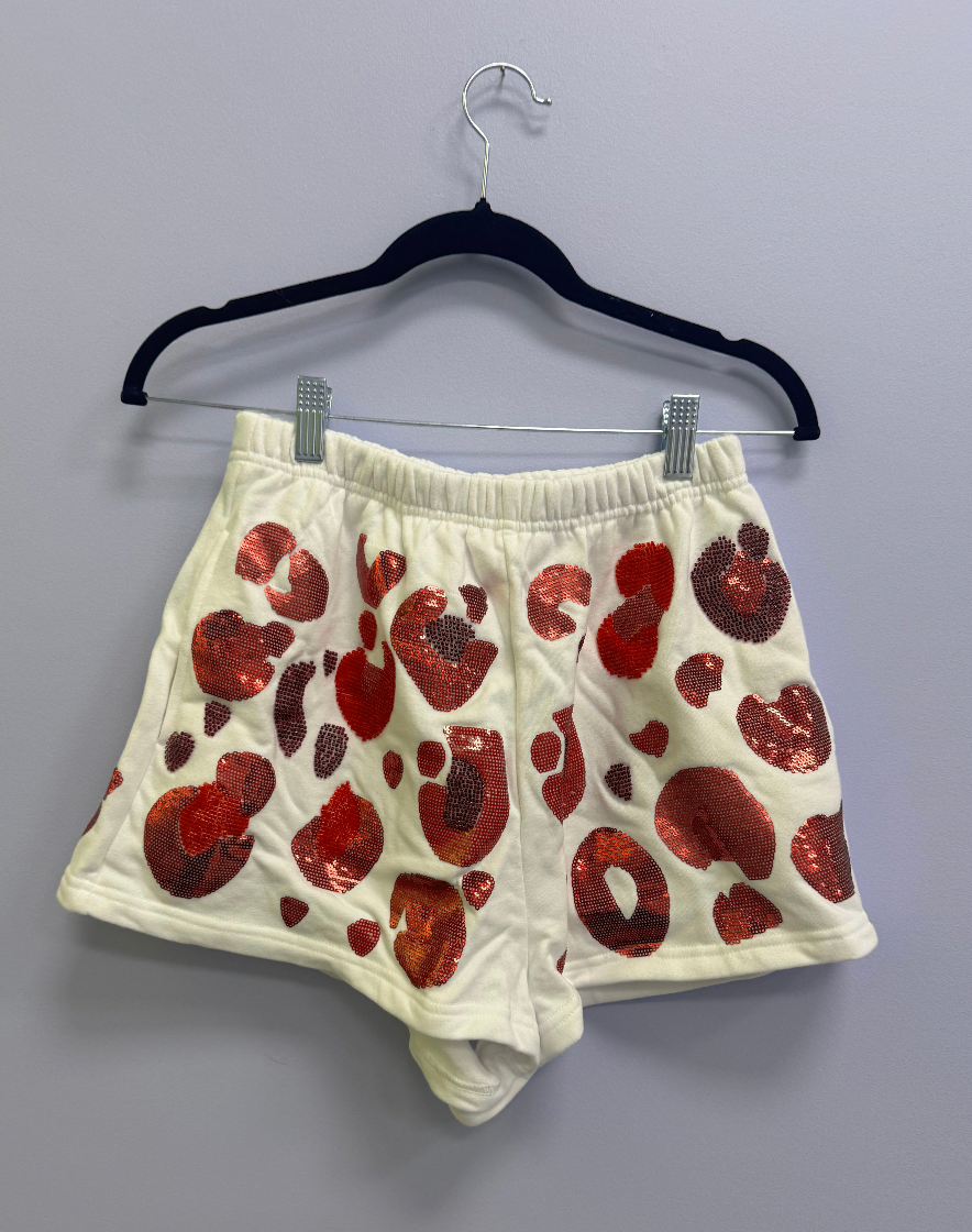 SAMPLE- WHITE & RED LEOPARD SEQUIN & SEAD BEAD SHORTS