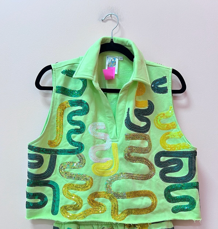 SAMPLE- LIGHT GREEN, GREEN & YELLOW SQUIGGLE COLLAR TOP