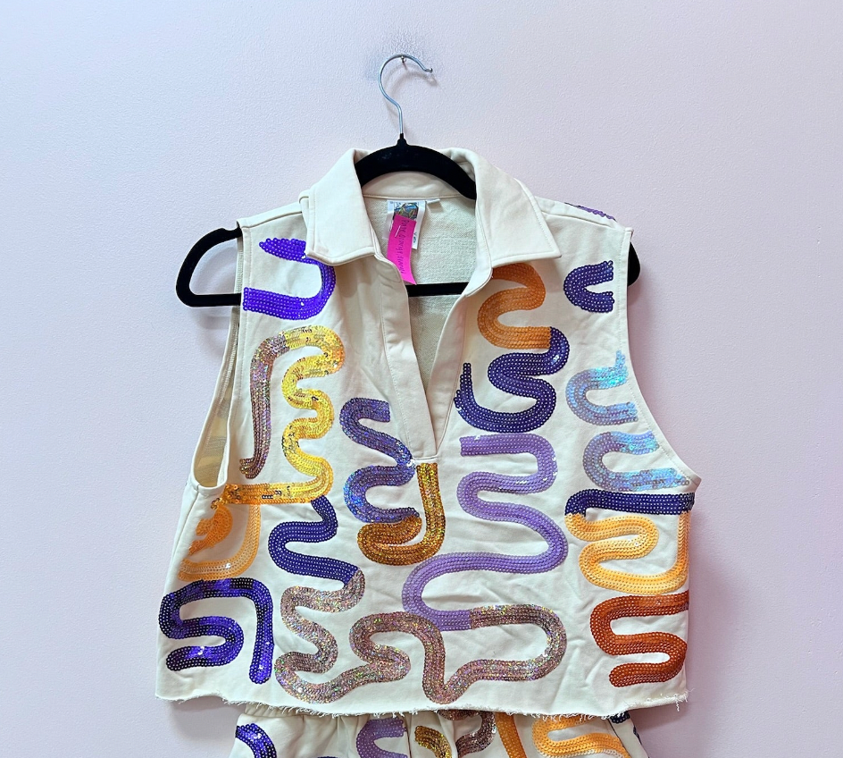 SAMPLE- PALE ORANGE, PURPLE & ORANGE SQUIGGLE COLLAR TOP