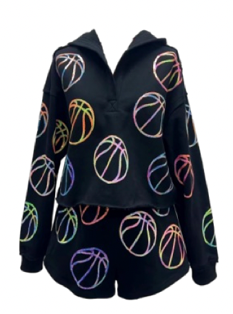 SAMPLE- BLACK MULTI OUTLINE BASKETBALL HOODY SWEATSHIRT/SHORT SET