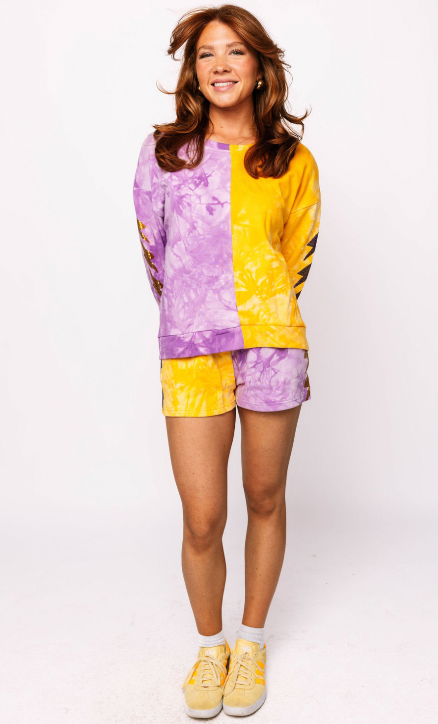Purple & Gold Tie Dye Colorblock Lightning Short
