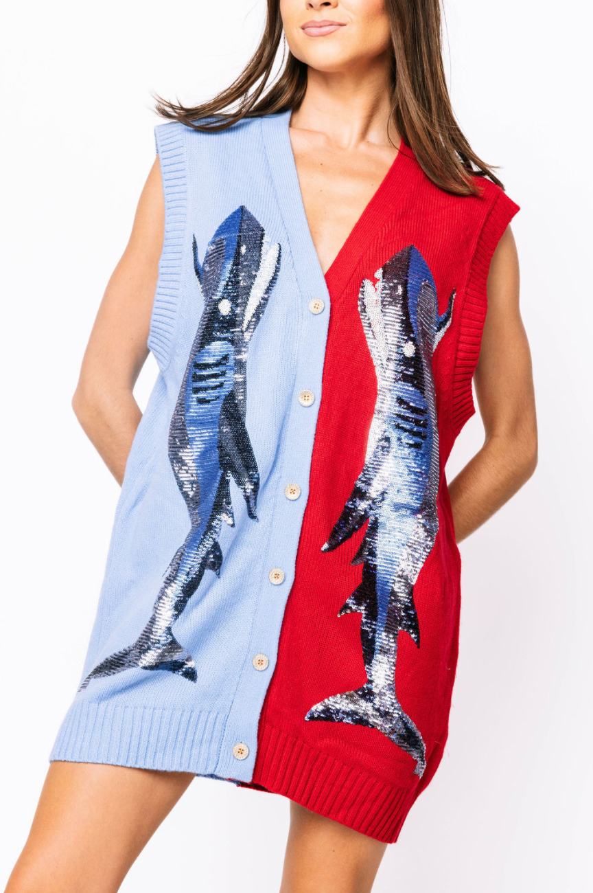 SAMPLE - Powder Blue & Red Shark Tank Dress