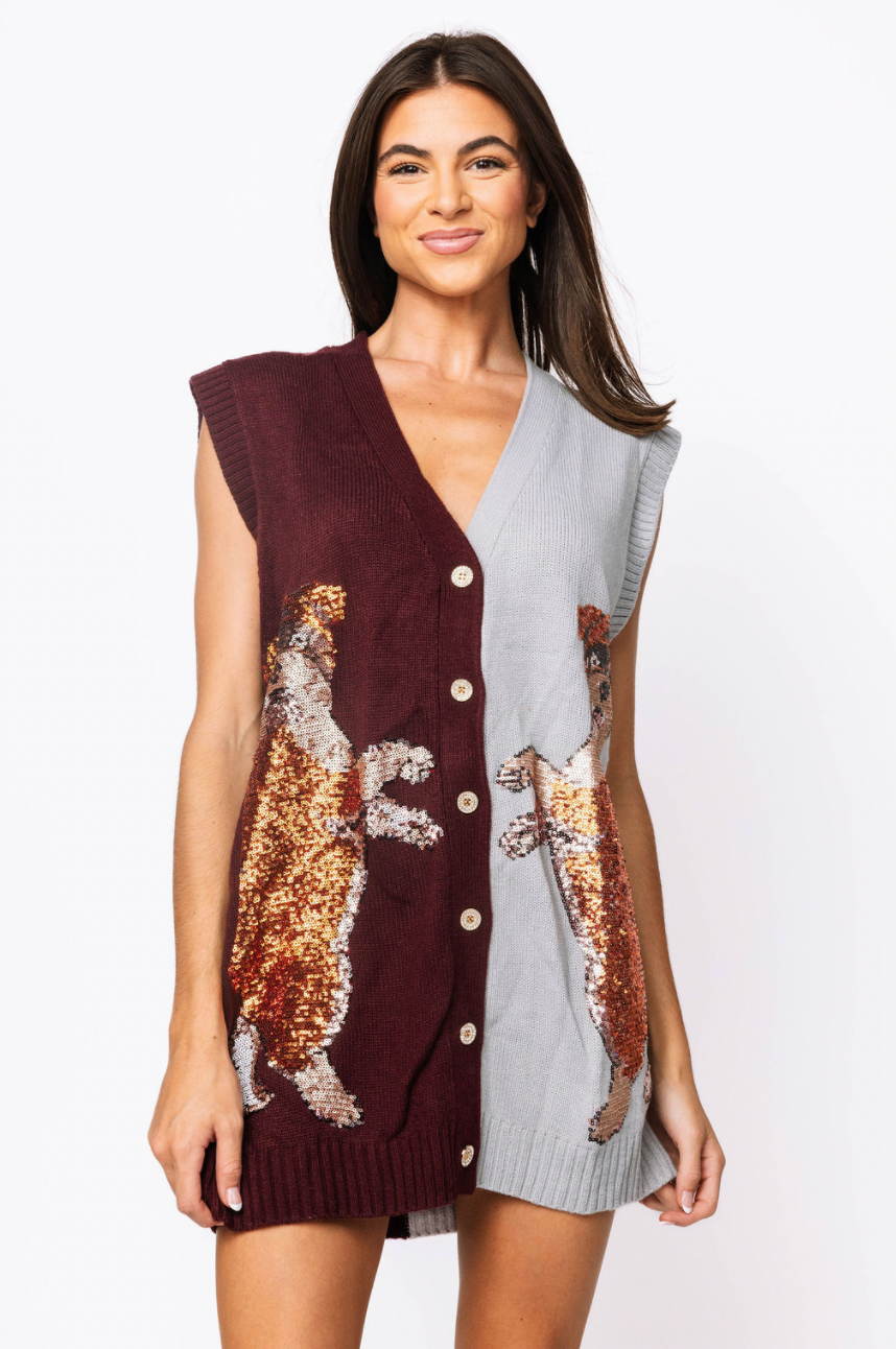 SAMPLE - Maroon & Grey Bulldog Cardigan Sweater Tank Dress