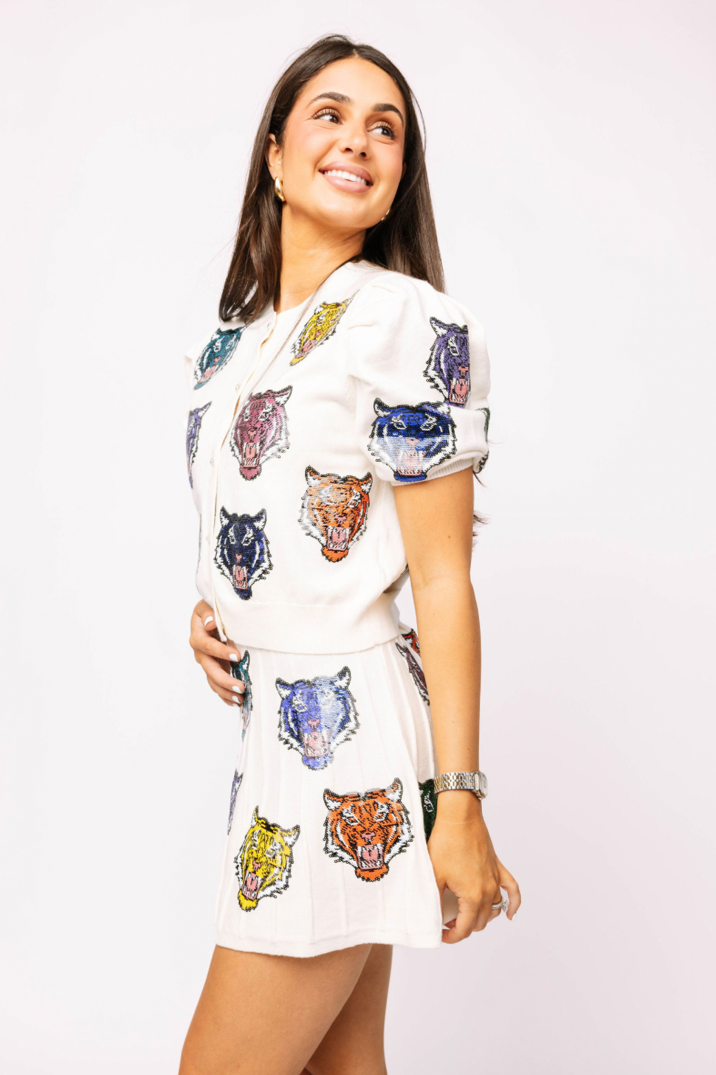 SAMPLE - White Multi Tiger Head Button Up Sweater/Skirt Set