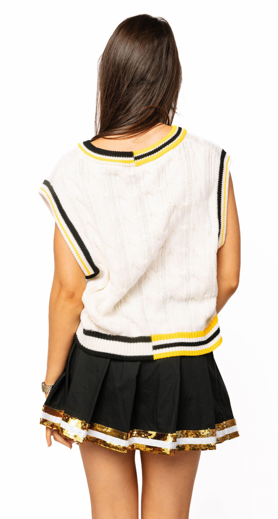SAMPLE - Black with Gold and White Stripe Pleat Skort