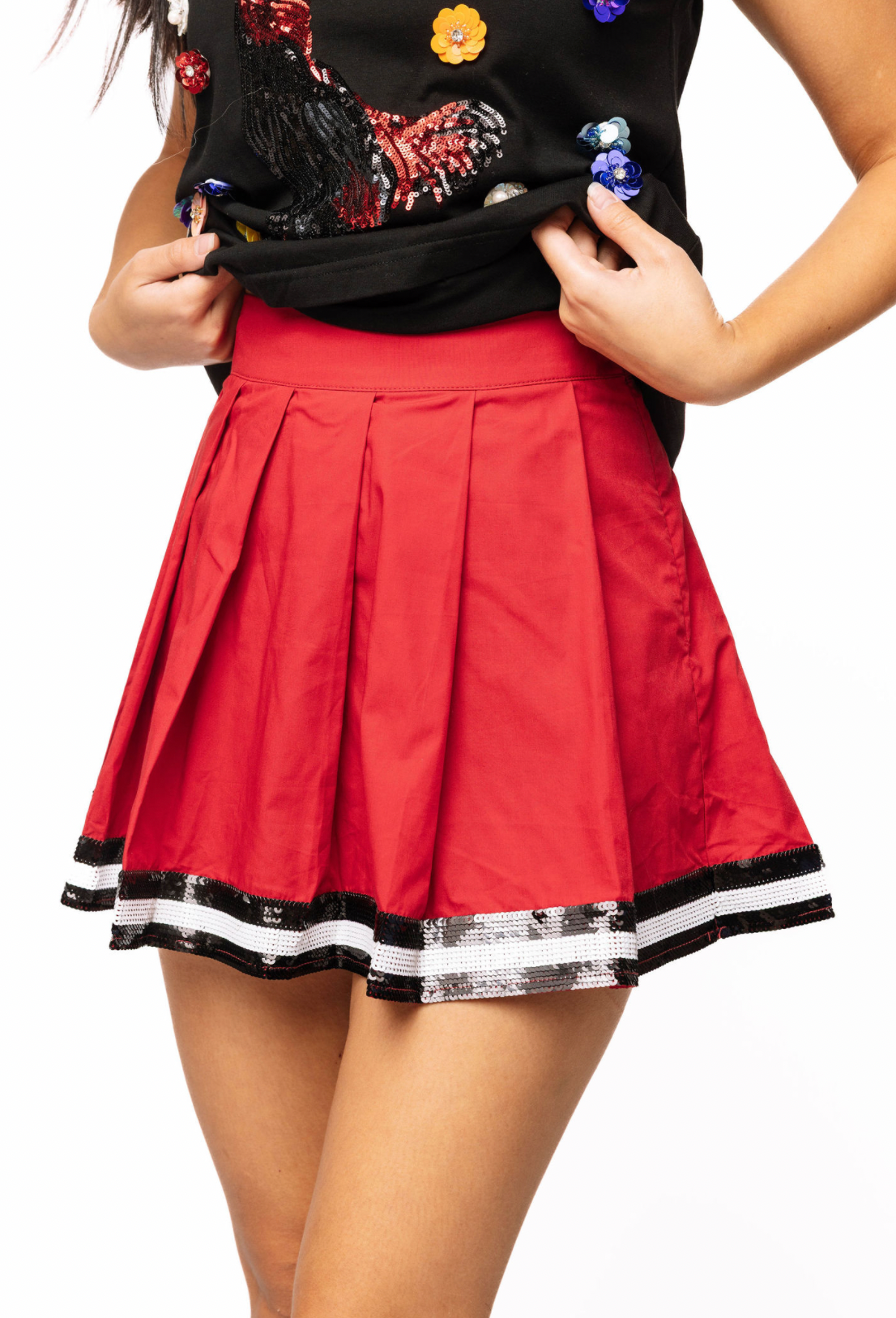 SAMPLE - Garnet with Black and White Stripe Pleat Skort