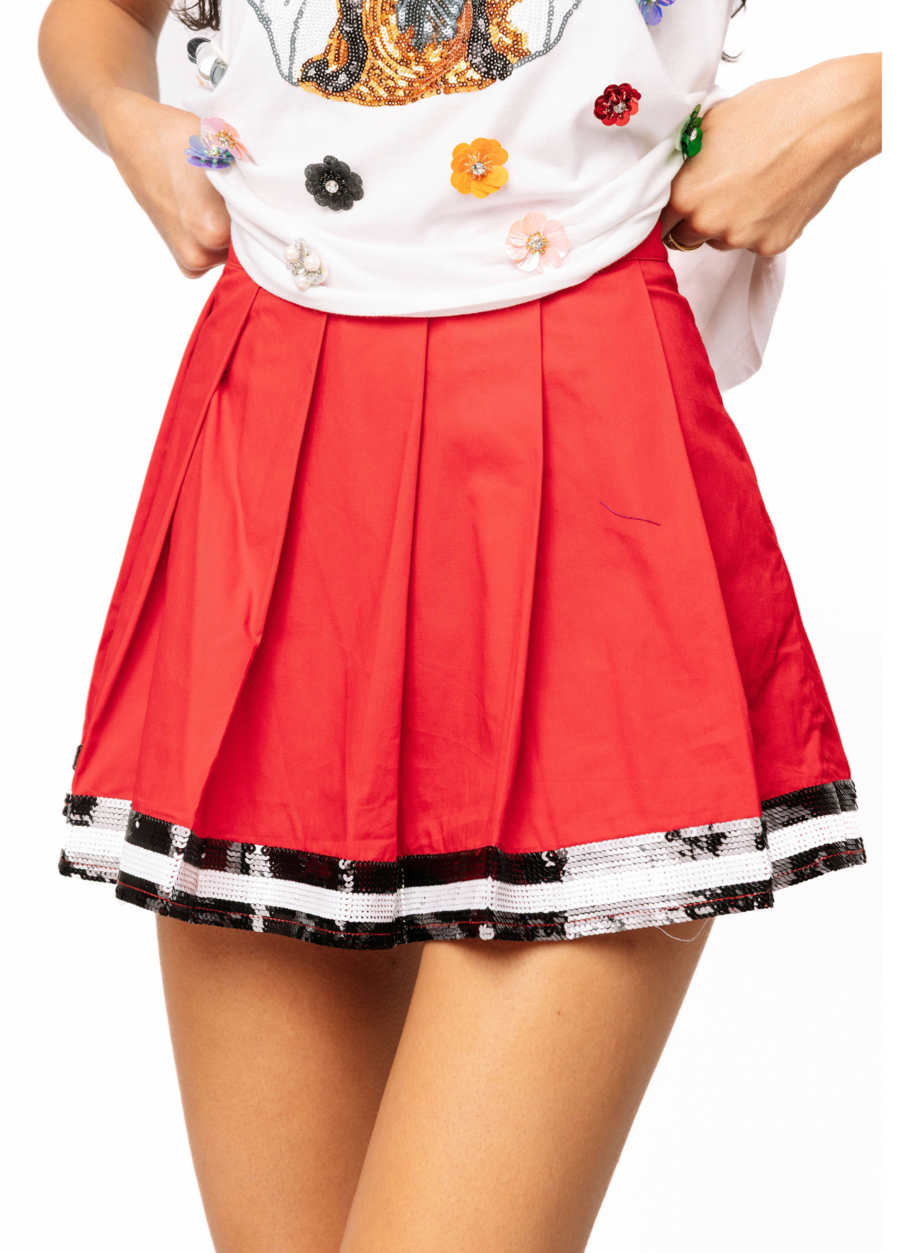 SAMPLE - Red with Black and White Stripe Pleat Skort