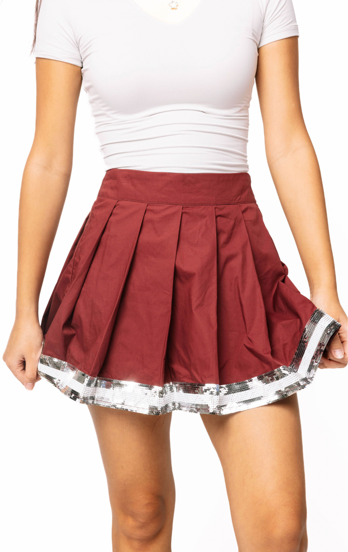 SAMPLE - Maroon with Silver and White Stripe Pleat Skort