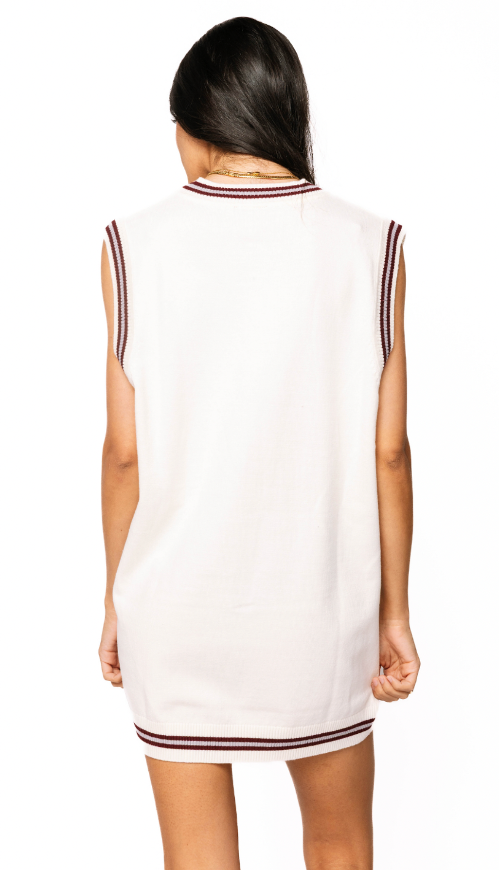 Licensed Sample - Miss State Cow Bell White V Neck Striped Cuff Sweater Vest Dress