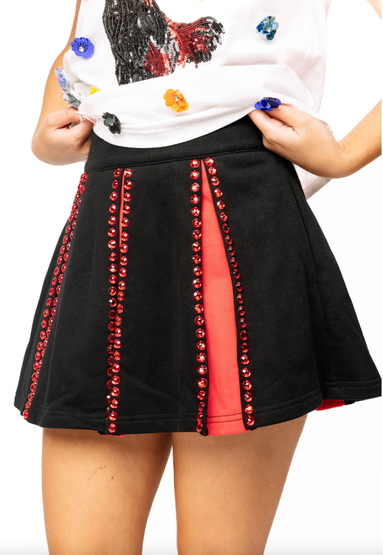 SAMPLE - Black & Red Jeweled Pleat Skirt