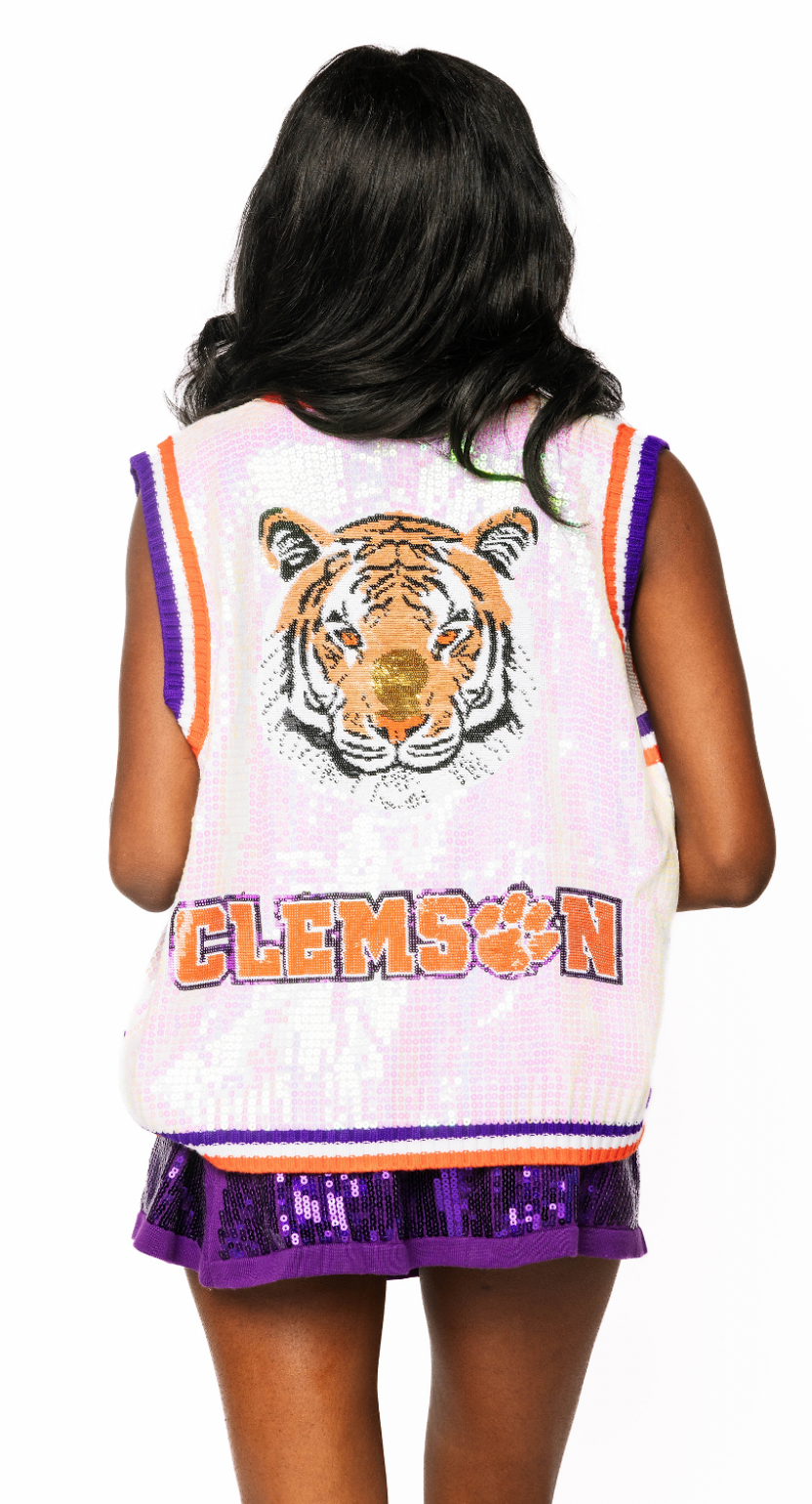 Licensed Sample - White, Purple & Orange Clemson Full Sequin Button Up Sweater Vest