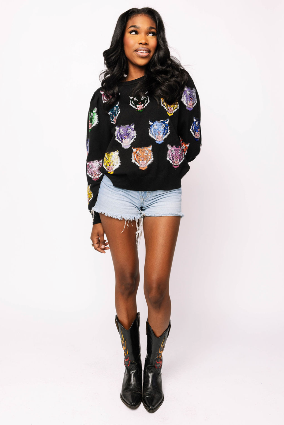 SAMPLE - Black Multi Tiger Head Long Sleeve Sweater