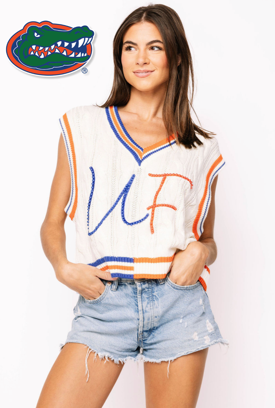 Licensed Sample - White, Royal & Orange Pearl 'UF' V Neck Sweater Vest