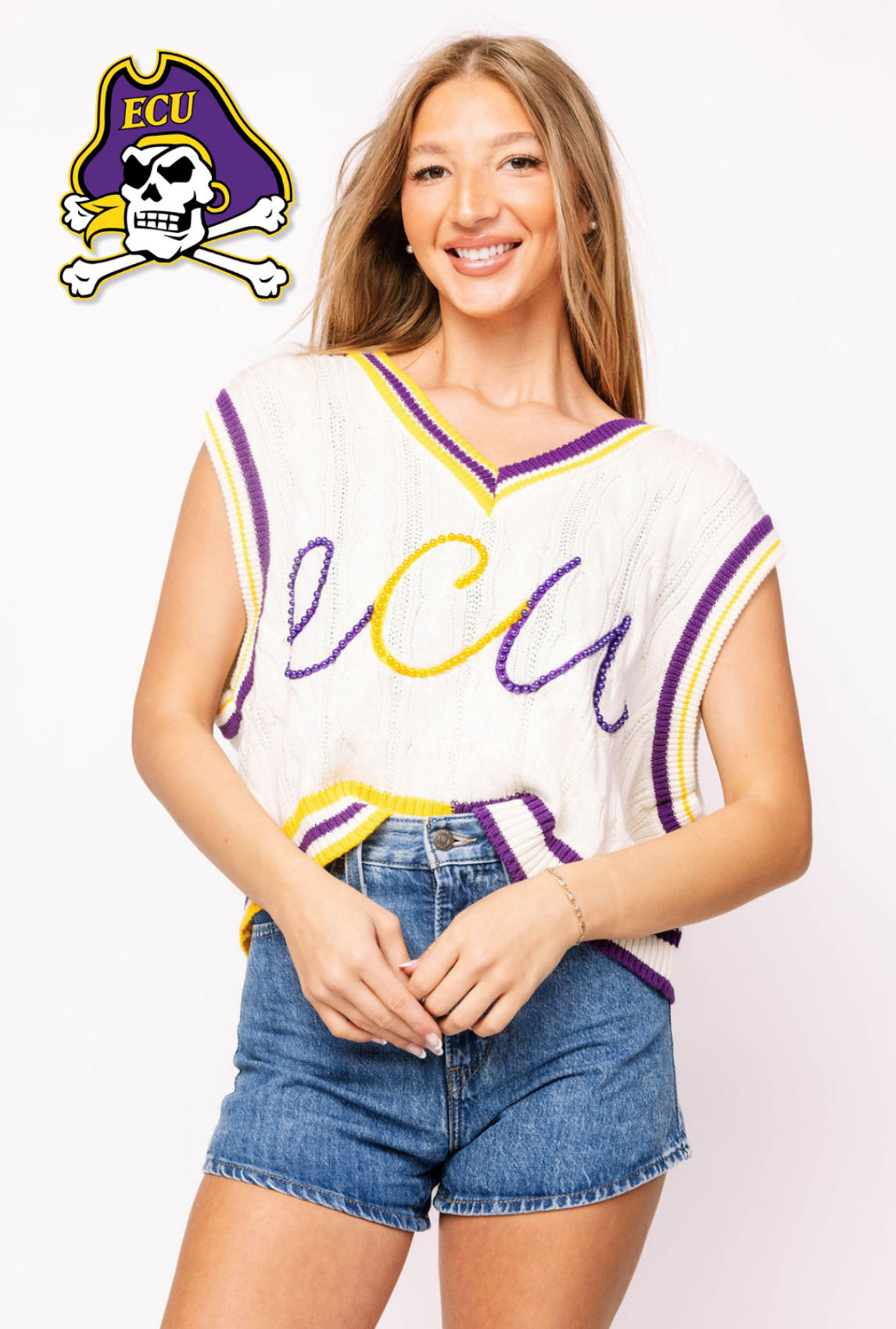 Licensed Sample - White, Purple & Yellow Pearl 'ECU' V Neck Sweater Vest
