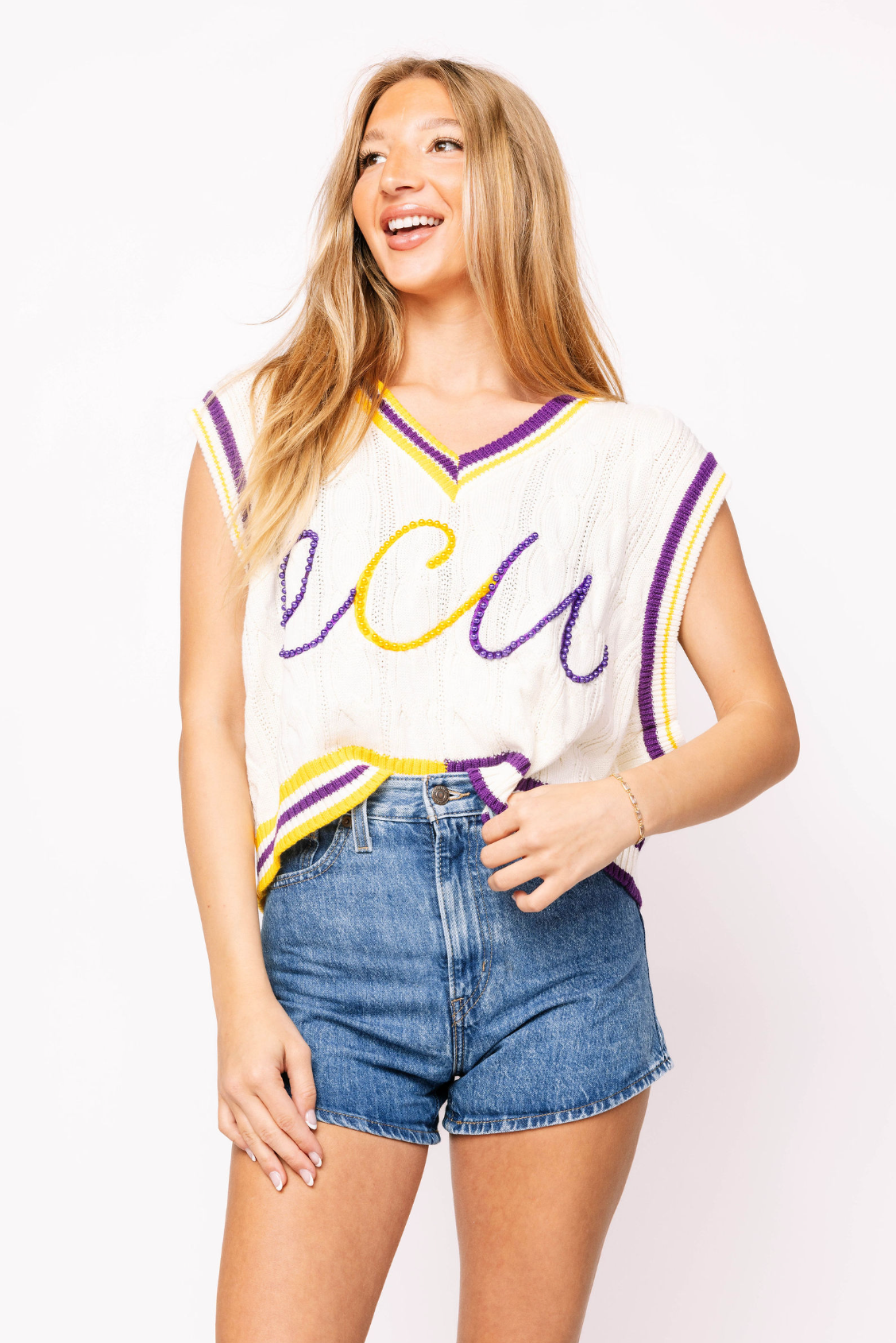 Licensed Sample - White, Purple & Yellow Pearl 'ECU' V Neck Sweater Vest
