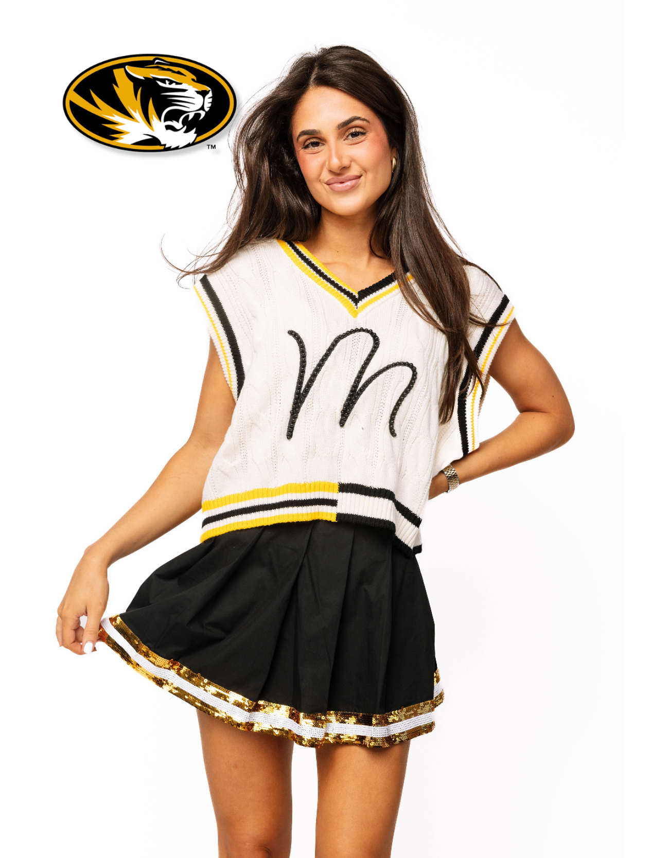 Licensed Sample - White, Black & Yellow Pearl 'M' V Neck Sweater Vest