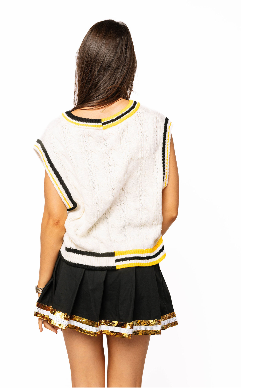 Licensed Sample - White, Black & Yellow Pearl 'M' V Neck Sweater Vest
