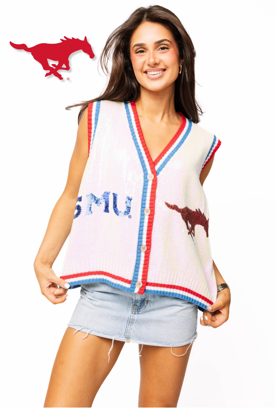 Licensed Sample - White, Blue & Red SMU Full Sequin Button Up Sweater Vest