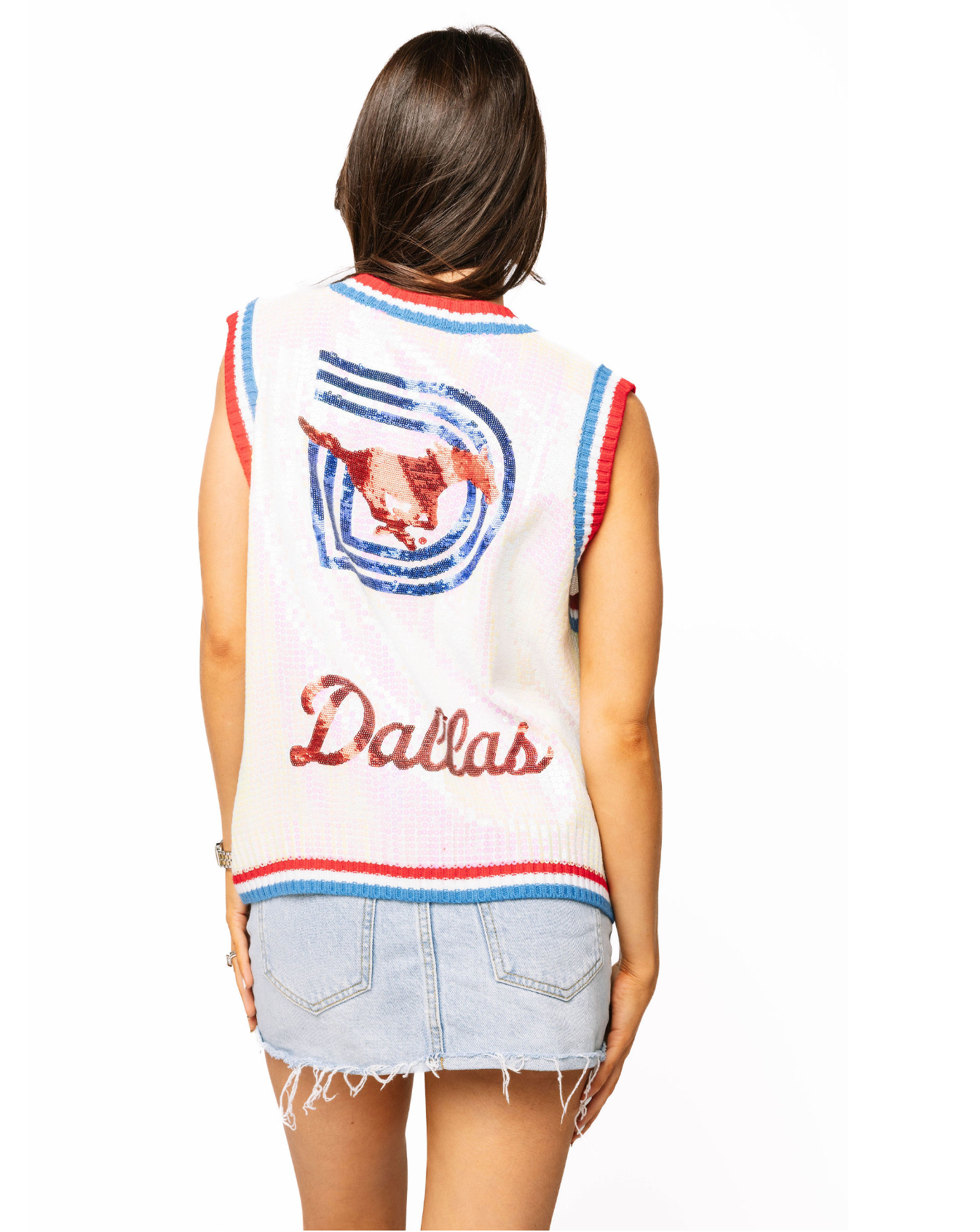 Licensed Sample - White, Blue & Red SMU Full Sequin Button Up Sweater Vest